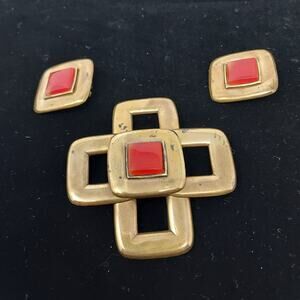 Vintage Jan Michaels Brooch Earrings Set Signed Brass Finish Red Glass READ